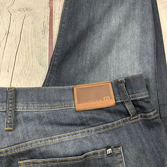 Travis Mathew Jeans Mens 40 x 27 Blue Denim Stretch Tapered  Leg Dark Wash Golf - Picture 11 of 11